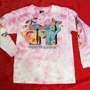 MTV Butterfly Tie Dye Long Sleeve Shirt Medium Pink Graphic Music Television Tee